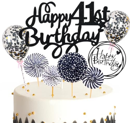 Feelairy Tortendeko Happy Birthday Deko Kuchendeko 41. Geburtstag Mann Frau, Schwarz Kuchen Topper 41. Geburtstag, Cake Topper Happy Birthday Ballon für Geburtstagstorte Deko 41 Jahre Frauen Männer