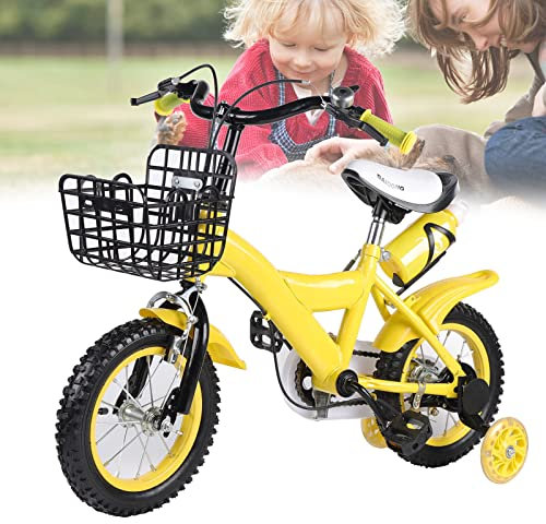 WSIKGHU 12 Zoll Kinderfahrrad Jungen Mädchen Fahrrad Anfängerfahrrad Kinder Bike mit Stützrädern und Korb, Geeignet für Kinder im Alter von 2-5 Jahren (Gelb)