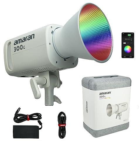 Aputure Amaran 300C Blanc, 300W RGB LED COB Video Light CCT 2,500K à 7,500K Bowen Mount Support d'éclairage de Sortie Continue APP Control