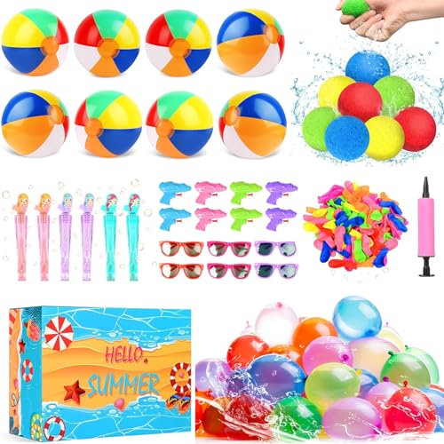 Wasserspielzeug Kinder Outdoor, 141 Stück Wiederverwendbare Wasserbälle Aufblasbar, Beachball Set, Mini Blasenstäbe Set, Wasser Spiele, Kleine Geschenke Party Favors für Kinder