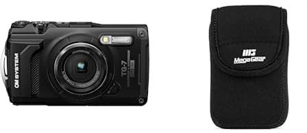 OM SYSTEM Tough TG-7 Black Digital Camera, 12MP, Waterproof, Shockproof & MegaGear MG797 Olympus Tough TG-6, TG-5, TG-870, TG-4, TG-860 Ultra Light Neoprene Camera Case, with Carabiner - Black
