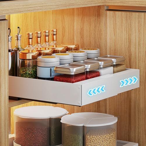 Uixxducc Teleskopschublade, Verstellbare Breite 30-46cm Ausziehbarer Schrank-Organizer, Pull Out Cabinet Organizer, Multifunktional Auszug Küchenschrank Küche Organizer Schrank (Weiß,Klein 43cm)