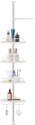 Holdfiturn Telescopic Bathroom Corner Shelf Organizer Adjustable 4 Tier Shower Caddy Storage Rack 220-260cm - White