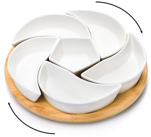 Cididu Ceramic Serving Tray Platters Lazy Susan, Rotating Divided Serving Set with 6 Removable Compartment, 11'' Appetizer Relish Dish, Snack Bowl Set for Christmas, Thanksgiving, Party, Kitchen