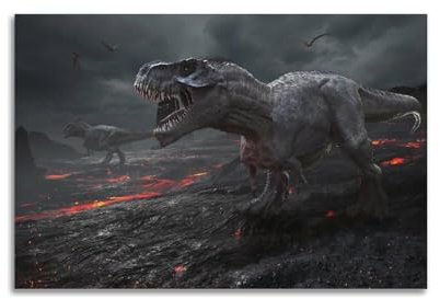 GLJXFP Dinosaurier-Poster, Tyrannosaurus, Rex und Vulkan, dekoratives Gemälde, Leinwand, Wandposter und Kunstdruck, moderne Familienschlafzimmer-Dekoration, Poster, 50 x 75 cm