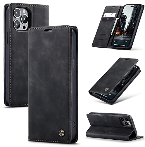 owlhold Handyhülle für iPhone 14 Pro MAX Hülle, Premium Lederhülle Weiches Vintage-Nubukleder Faltbare Ständer Klapphülle Kartenfach Standfunktion stoßfest Schutzhülle für iPhone 14 Pro MAX -Schwarz