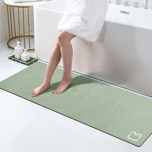 Badematte aus Kieselgur, extra lang, schnell trocknend, super saugfähig, rutschfeste Gummi-Unterseite, für Badezimmer, Boden, Badewanne, Dusche, Waschbecken, Salbeigrün