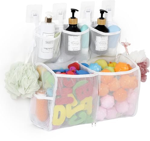 DOCMON Contenitore per giocattoli da bagno, a 2 strati, grande capacità, per vasca da bagno a sgancio rapido, con cerniera a bottone, cestino portaoggetti in rete con 7 tasche per giocattoli da bagno,