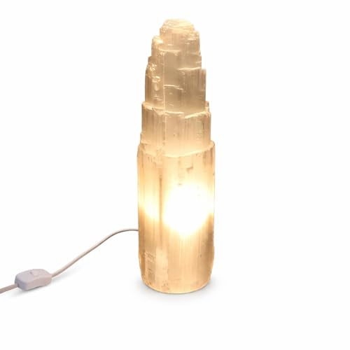 HEIMTEX Selenitkristalllampe - Selenitlampe in 5 verschiedenen Größen – 30 cm natürlich geformter Selenitsteinkristallturm für metaphysische Reinigung, Heilung, Meditation und Heimdeko