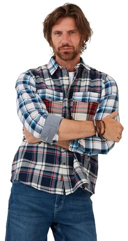 Joe Browns Men's Fashion Chambray Mix and Match Checked Long Sleeve Shirt, Blue, Regular Fit, L