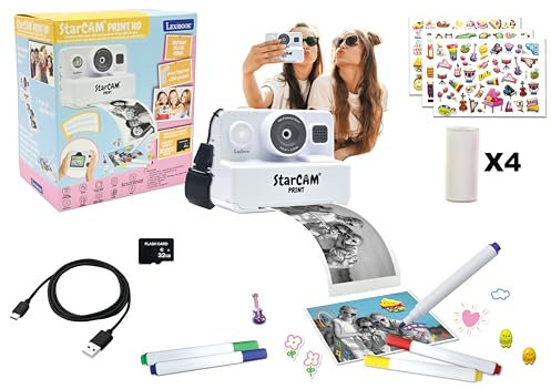 Lexibook, StarCAM Print HD, Cámara con Impresora instantánea, Funciones de Foto, Video, Selfie, música y Juegos, Kit de personalización y Tarjeta SD de 32GB incluida, Blanco, DJ160