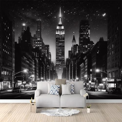 Papier Peint Panoramique Vue De Nuit Sur La Ville De New York Noir Intissé Murale, Photo Murale pour Salon Chambre d'enfants restaurant Décoration Murale 300x210 cm