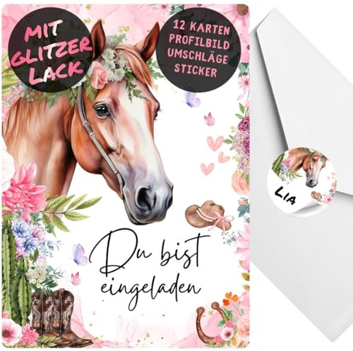 celebr8te 12x Pferde Glitzer Einladungskarten - Für den Kindergeburtstag von Mädchen - Partyeinladungen für Geburtstage mit Pferde Motiv + 12Umschäge +12 Sticker