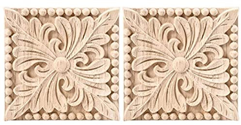 SweetSerenade 2 Pack Wood Carved Applique Onlay Square Carving Decal Unpainted Flower Door Cabinet Furniture Decoration 3.94X3.94Inch