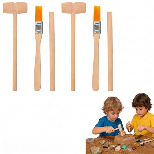 Angoily 6Pcs Kids Wooden Excavation Tools Set - 2 Sets of Solid Wood Hammer Ch-isel and Brush for Archaeology Paleontology - Mess Free Educational STEM Dig Kit Accessories for Sensory Bin and Sandpit