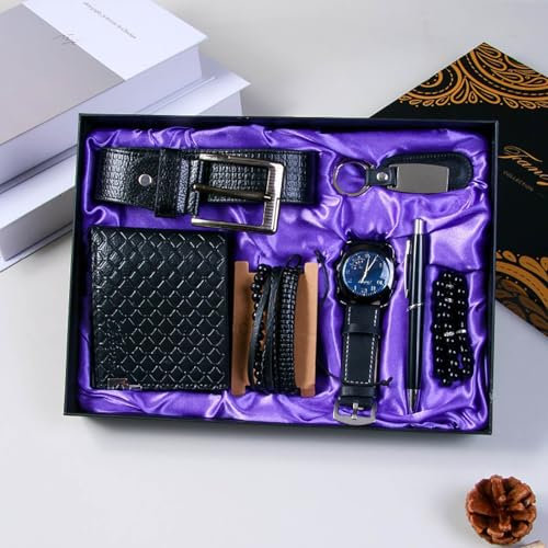 Coffret Cadeau Hommes en Cuir de Supérieure Montre-Bracelet Ceinture Porte-Clés Lunettes Portefeuille Saint-Valentin, Fête des Pères, Cadeau D’anniversaire de pourlui, Cadeau de Luxe Pour Mari (A)