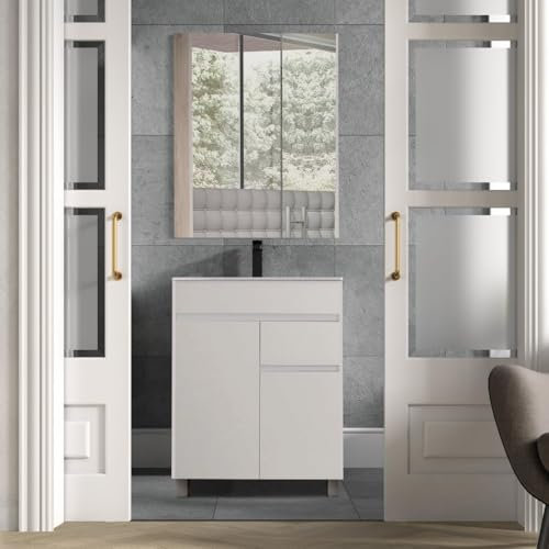 EL BAÑO MODERNO Juego Muebles de Baño con Lavabo y Espejo - Mueble Baño con Lavabo - Lavabo con Mueble Compacto Preinstalado de Fábrica - Porcelana Ideal para tu Hogar