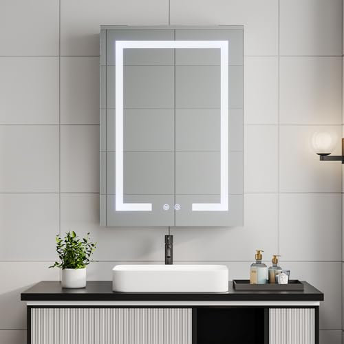 Warmiehomy Bathroom Mirror Cabinets with Lights,450x600mm 3 Color LED Illuminated Bathroom Mirror Cabinet with Shaver Socket Touch Switch Demister Pad