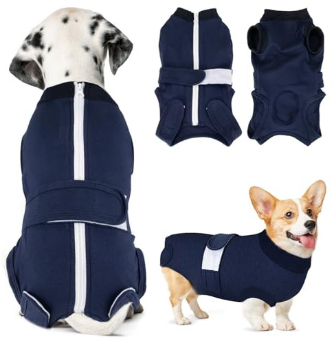 Eyein Hundebody Nach Op, Wundschutzanzüge für hündin Rüde mit Reißverschluss und Klettverschluss Gürtel - Anti-Lecken und Wundschutz, Atmungsaktiv Einteiler für Hunde Nach Op (Dunkelblau, M)
