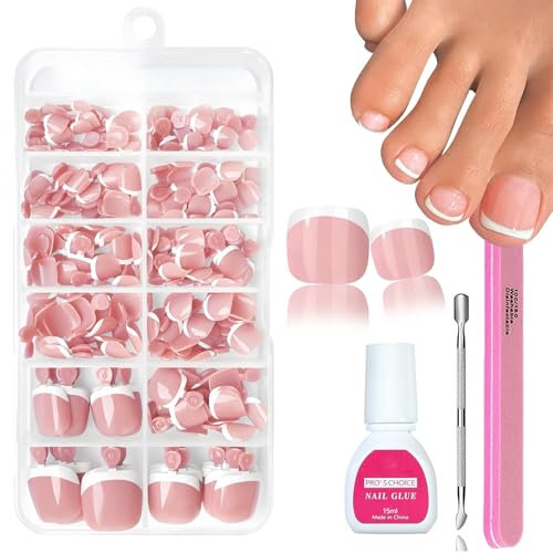 French Fake Toe Nails Set,120PCS Short Square French False Toenails Kit,White french Tip Pink Stick On Toenails,Glossy Full Cover Acrylic False Toe Nails For Women Girls Nail Art DIY Gift