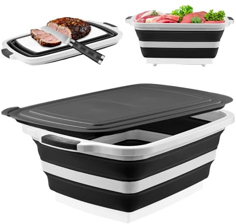 Collapsible BBQ Prep Tub with Cutting Board & Lid – 7.95 Gal / 30L Space-Saving Food Container – BPA-Free Heavy-Duty Plastic, Dishwasher Safe with Drain Hole – Offset Smoker, Backyard & Grilling