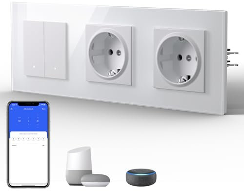 BSEED Doppelt Steckdose mit Lichtschalter Unterputz 2 Fach 1 Weg WIFI Smart Lichtschalter (Neutralleiter Erforderlich), Compatibel mit Alexa/Google Home，228mm，Weiß