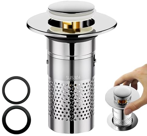 1 Pcs Sink Plug, Brass Bounce Core Push-Type Drain Plug, Pop up Drain Stopper Filter, Universal Sink Plug, 304 Stainless Sink Stopper, for Washbasin Bathroom and Kitchen Basin (33-40mm Silvery).