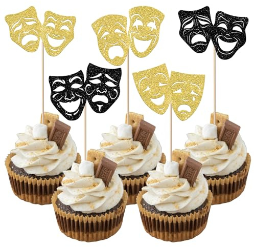 30 Stück Theatralische Maske Cupcake Toppers Glitzer Komödie Filmabend Tortendeko Komödie Film Nacht Kuchen Deko für Film Festival Thema Geburtstag Party Cupcake Dekorationen Schwarz Gold