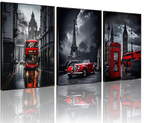 Bonbeau Rote Wandkunst auf Leinwand für Schlafzimmer, schwarz-weiße Straßenmalerei, Pariser Eiffelbilder für Wohnzimmer, Büro, Heimdekoration, ungerahmt (Pariser Eiffelturm-Bilder, 30 x 40 cm