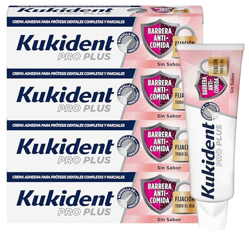 Kukident Pro Plus Barrera Anticomida Crema Adhesiva para Prótesis Dentales Completas y Parciales, 4x40 g - Crema Fijadora para Dentadura Postiza, Fijación Fuerte, Adhesivo Dental sin Sabor