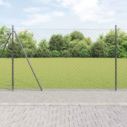 QJBSAVVA Kettengliedzaun 1,5x10 m Stahl grau, 5 Pfosten & 2 Winkel, Garten-Hof-Terrasse