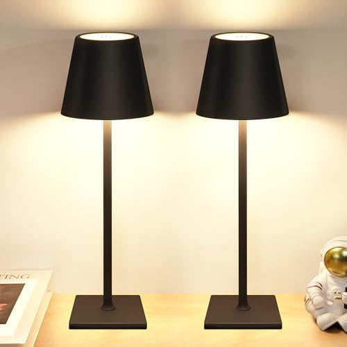 NEWSEE 2 Pack Rechargeable Cordless Table Lamp, Portable LED Desk Light Touch Lamp with 3-Color Dimming, 4000mAh Battery Operated, Waterproof Suitable for Outdoor, Garden, Restaurant, Camping (Black)