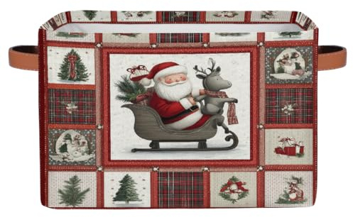 Faltbare Aufbewahrungskörbe für Regale, Schrank, Retro-Weihnachtsschottenkaro, Schottenkaro, Weihnachtsmann, Schlitten, Organizer, Box mit Griffen, faltbare Stoff-Aufbewahrungsbox für Schlafzimmer