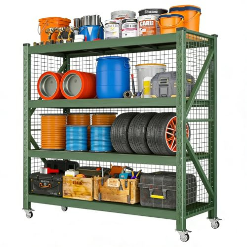 Bonxrdun Mobiles Stahlregal – 500 kg Tragkraft pro Regal, 4 Ebenen, robustes Lagerregal, abschließbare Rollen für Lager/Garage/Industrie