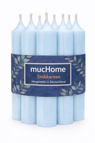 mucHome Stabkerzen 8er Set – Made in Germany – Ø 2,2 x 11 cm – durchgefärbte Premium Tafelkerzen mit ca. 4 Std. Brenndauer (Pastellblau)
