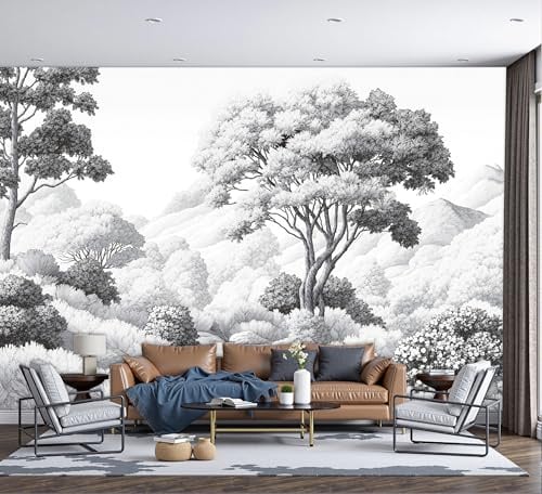 DACRWEKZ 3D Papier Peint Noir et blanc Arbres et arbustes Papier Peint Panoramique Pour Salon Chambre Salon Mural Fresque Poster Xxl Paysage de jungle Fond Décoration Murale 250x175cm