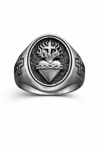 Ring HEILIGES HERZ aus 925 Sterling Silber SACRED HEART Herrenring mit Herz, Dornenkrone und Flammen Symbol für Glauben, Liebe und Opferbereitschaft Ausdrucksstarker Silber Schmuck