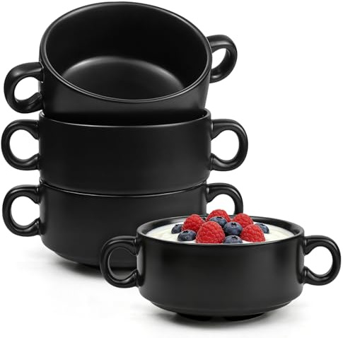 Ramekins Set of 4, Black Porcelain Soup Bowls with Handle 300ML, Oven Safe | Small Bowls for Onion Soup, Cereal, Pasta, Breakfast, Salad, Fruit, Individual Pie Dishes-Microwave Dishwasher Safe