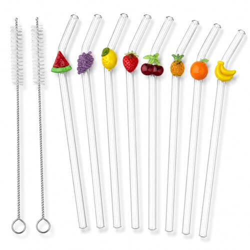 8 Pcs Glass Straws Set with Charms Glass Straws with 2 Cleaning Brushes | Cute Reusable Colorful Fruits Straws Set, for Smoothies Juice Coffee Cocktail