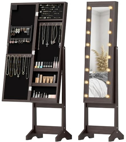 HOMCOM Armoire à Bijoux avec Miroir Multi-Rangements LED Marron Foncé | Armoire de Rangement sur Pieds, Boîte à Bijoux