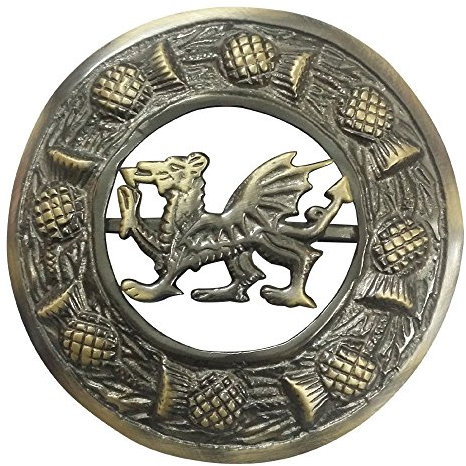 Antike Kilt-Brosche für Herren mit Distel-Design, schottische Fliege, kariert, 7 cm Durchmesser, 3 (7cm), Messing, Kein Edelstein