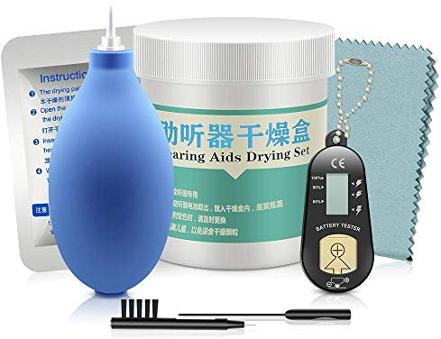 IRIVER BLANK Hearing Aid Cleaning Tools Kits, with Wax Loop Air Blow Brush Batteries Tester Wipes Dryer Case Desiccant Dry Jar,Wire Accessories