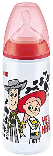 NUK Disney First Choice+ Baby Bottle | 6-18 Months | Silicone Teat | Anti-Colic Vent | BPA-Free | 300 ml | Woody & Jessie (Toy Story)