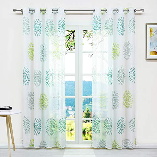 ESLIR Gardinen mit Ösen Vorhänge Fensterschal Transparent Ösenschal mit Kreis Muster Voile Grün BxH 140x175cm 1 Stück