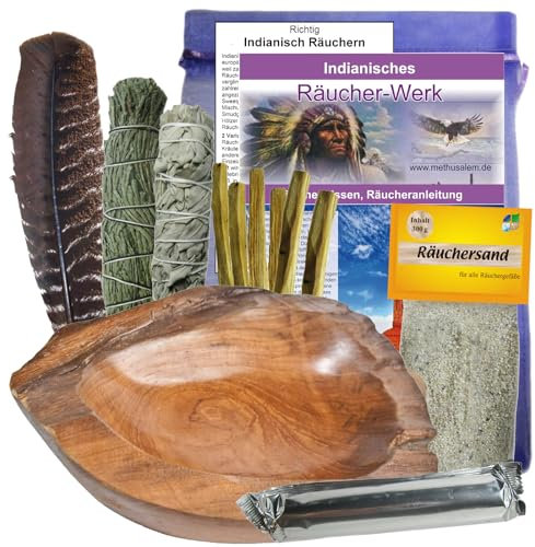 Smudge Kit & Bowl (XXL) Wurzel Holz RÄUCHERSCHALE 16-TLG Set mit Räucherwerk SAGE Salbei Zeder Palo-Santo zum RÄUCHERN für Hausreinigung & Rauhnächte + Räucherfeder + ZUBEHÖR. 81007-7XXL