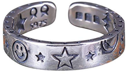 NicoWerk Damen Silberring Stern aus 925 Sterling Silber Schmal Glatt Geschwärzt Strichgesicht Smiley Verstellbar Offen SRI577
