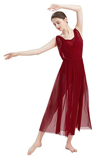 FYMNSI Damen Lyrisch Tanz Kleid Ärmellos Rückenfrei Schlitz Tüll Maxikleid Lyrische Modern Contemporary Tanzkostüm Trikot Latein Ballett Tüllkleider Ballettanzug Weinrot S