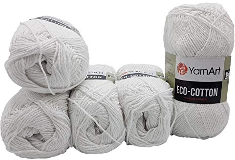 5 x 100g Strickwolle YarnArt Eco Cotton mit 85% Baumwolle, 500 Gramm Wolle einfarbig (weiß 760)
