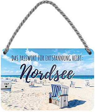 Nordsee Hängeschild - Metallschild mit Kordel und Saugnapf - Maritime Wanddeko für Strandkorb Badezimmer Garten Balkon Terrasse Haustür Eingang - Geschenkidee Souvenir - 18x12cm