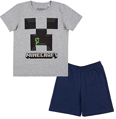 Minecraft Kids - Creeper Männer Kinder-Pyjama grau meliert/weiß Bösewichte, Fan-Merch, Gaming (as3, Numeric, Numeric_128, Regular, Grau)